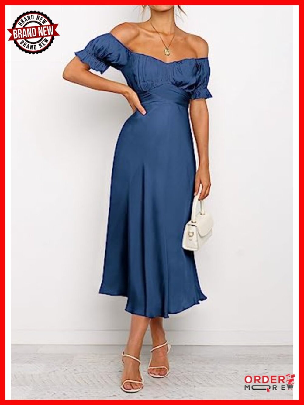 Off Shoulder Satin Midi Dress Wrap Ruched Bust Party Cocktail Formal - Picture 2 of 6